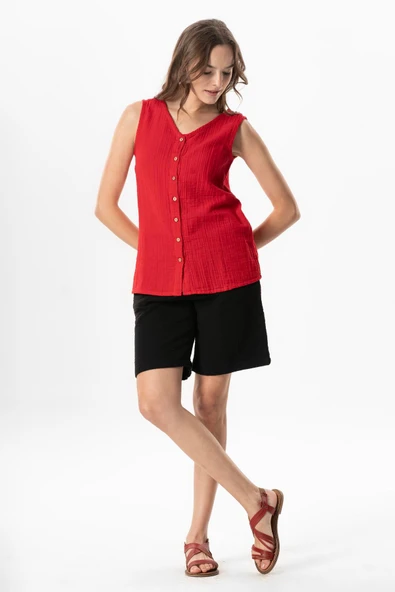 Kolsuz Melis Yazlık Müslin Bluz Kırmızı Krmz S Kırmızı - Resim 5