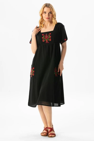 Kısa Kol Şile Bezi Melek Midi Boy Yazlık Otantik Elbise Siyah Syh XL Siyah ürün görseli