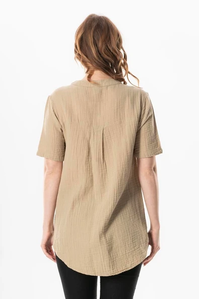 Kısa Kol Gülgün V Yaka Müslin Yazlık Bluz Vizon Vzn 2XL-3XL Vizon - Resim 2