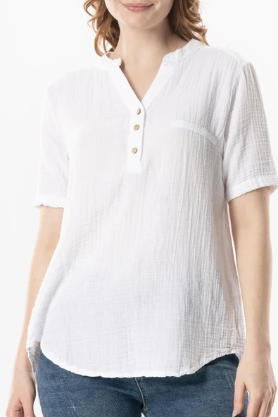 Kısa Kol Gülgün V Yaka Müslin Yazlık Bluz Beyaz Byz 2XL-3XL Beyaz - Resim 3