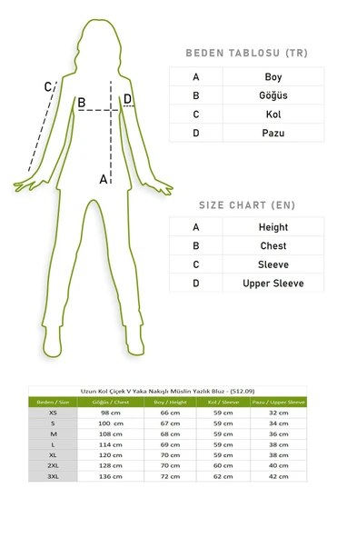 Uzun Kol Çiçek V Yaka Nakışlı Müslin Yazlık Bluz Beyaz Byz 2XL-3XL Beyaz - Resim 6