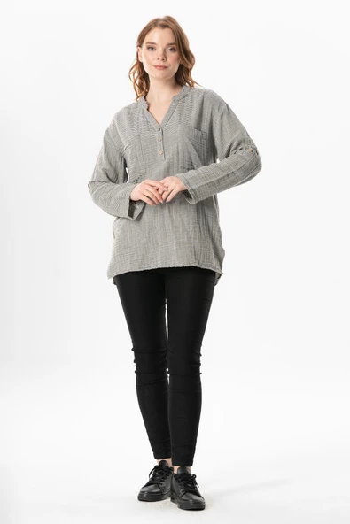 Uzun Kol Asu Yazlık Müslin Bluz Çizgili Çzgl 2XL-3XL Çizgili - Resim 6