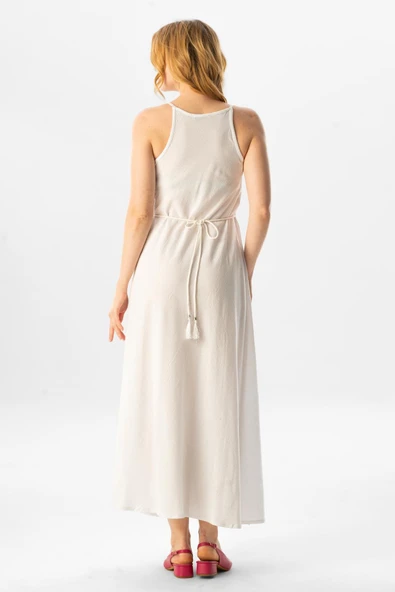 Askılı Şile Bezi Sima Uzun Yazlık Elbise Beyaz Byz L Beyaz - Resim 2