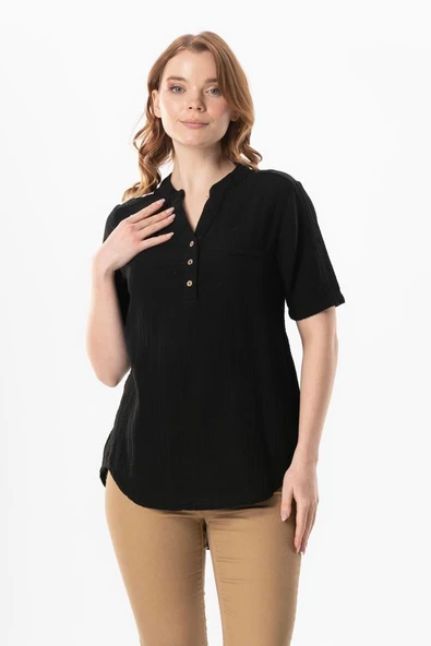 Kısa Kol Gülgün V Yaka Müslin Yazlık Bluz Siyah Syh 2XL-3XL Siyah ürün görseli
