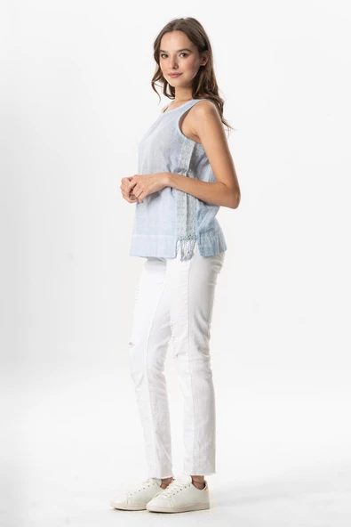 Kolsuz Poplin Zeyno Yazlık Bluz Buz Mavi Bmv XL Buz Mavi - Resim 5