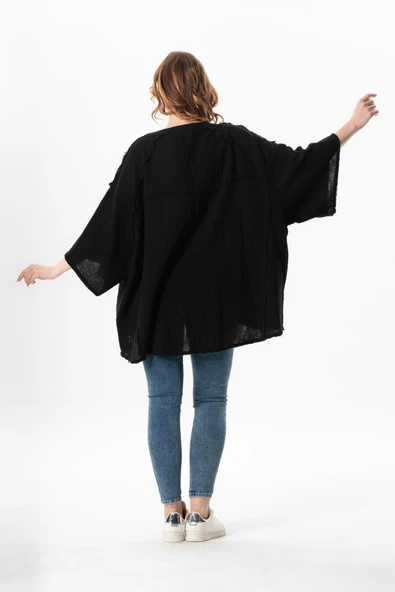 Yarım Kol Nadya V Yaka Müslin Yazlık Bluz Siyah Syh - Resim 2