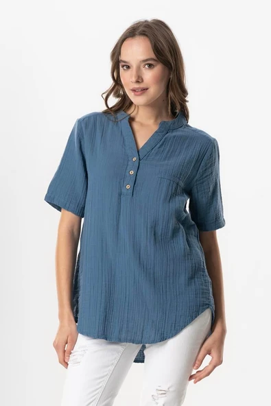 Kısa Kol Gülgün V Yaka Müslin Yazlık Bluz İndigo indg 2XL-3XL İndigo ürün görseli
