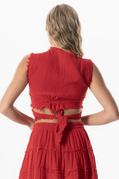 Kolsuz Deren Bel Bağlamalı Yazlık Müslin Bluz Kırmızı Krmz S Kırmızı - 2