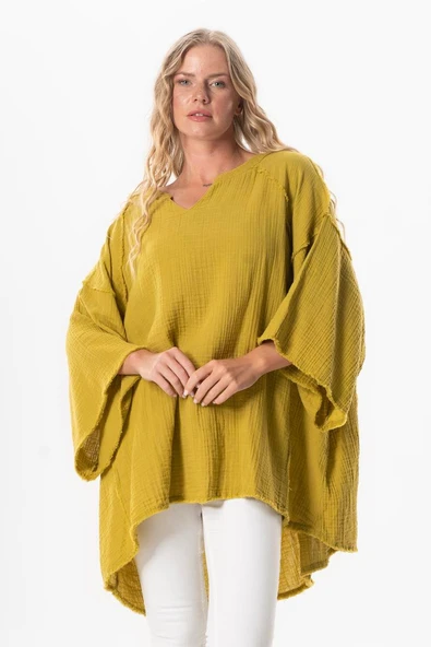 Yarım Kol Nadya V Yaka Müslin Yazlık Bluz Yağ Yeşili Ygysl ürün görseli