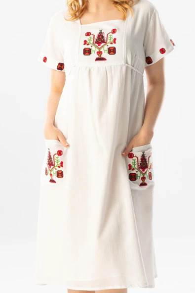 Kısa Kol Şile Bezi Melek Midi Boy Yazlık Otantik Elbise Beyaz Byz XL Beyaz - Resim 3