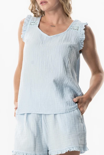 Kolsuz Fırfır Detaylı Duru Oval Yaka Müslin Yazlık Bluz Buz Mavi Bmv XS Buz Mavi - Resim 3