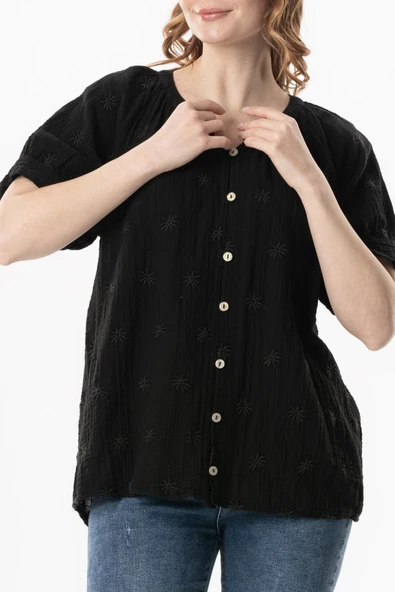 Kısa Kol V Yaka Venüs Düğmeli Müslin Yazlık Bluz Siyah Syh 4XL/5XL Siyah - Resim 4