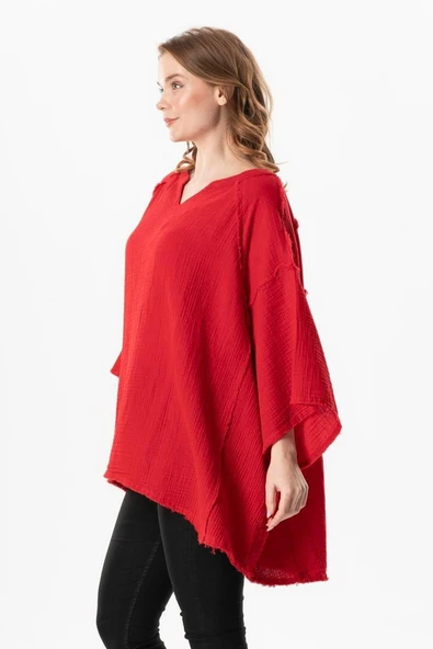 Yarım Kol Nadya V Yaka Müslin Yazlık Bluz Kırmızı Krmz - Resim 4