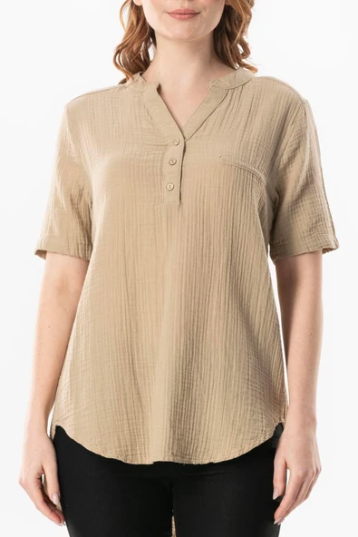 Kısa Kol Gülgün V Yaka Müslin Yazlık Bluz Vizon Vzn 2XL-3XL Vizon - Resim 3