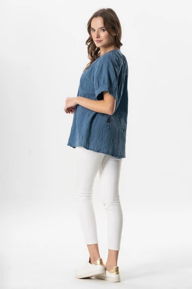 Kısa Kol V Yaka Venüs Düğmeli Müslin Yazlık Bluz İndigo indg S/M İndigo - Resim 5