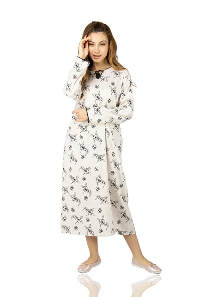 Uzun Kol Şile Bezi Baskılı Uzun Yazlık Elbise Serpme Desen Taş Tas L Taş ürün görseli