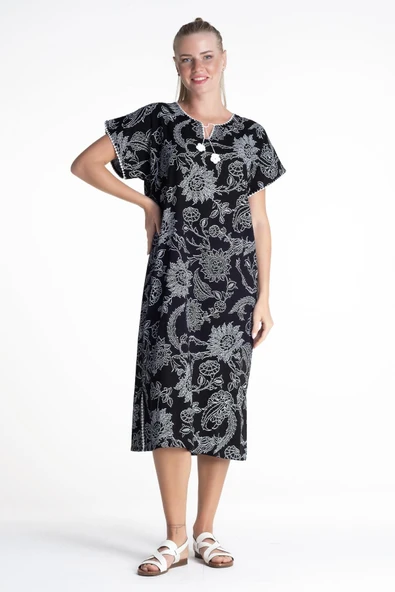 Kısa Kol Şile Bezi Baskılı Uzun Yazlık Elbise Çınar Desen Siyah Syh XL Siyah ürün görseli