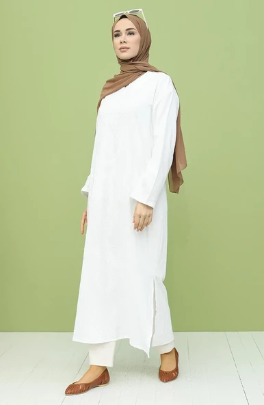 Uzun Kol Şile Bezi Simli Kaftan Midi Boy Yazlık Elbise Beyaz Byz XL Beyaz - Resim 4