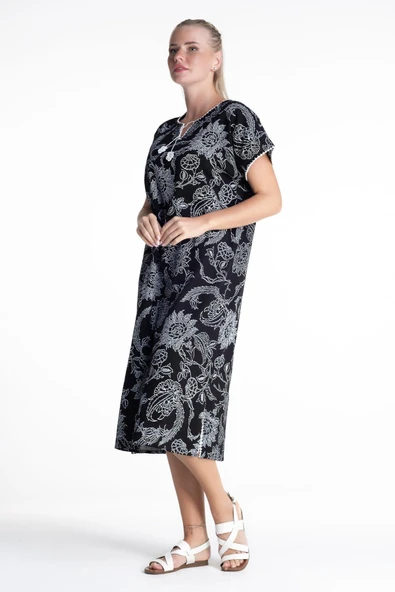 Kısa Kol Şile Bezi Baskılı Uzun Yazlık Elbise Çınar Desen Siyah Syh XL Siyah - Resim 5