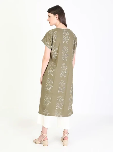 Kısa Kol Şile Bezi Baskılı Zambak Desen Midi Boy Yazlık Elbise Haki Hk L Haki - Resim 9