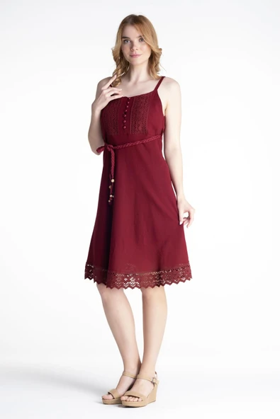 Askılı Şile Bezi Eda Kısa Yazlık Elbise Bordo Brd XL Bordo - Resim 4