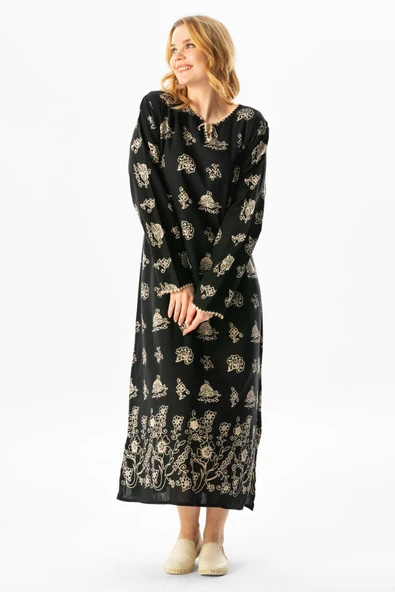 Uzun Kol Pamuk Taş Baskı Çıtır Desen Yazlık Etnik Elbise Siyah Syh L Siyah-Beyaz - Resim 4