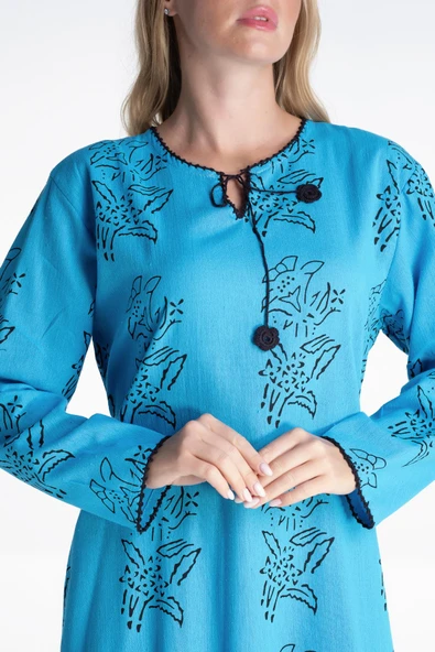 Uzun Kol Şile Bezi Baskılı Uzun Zambak Desen Yazlık Elbise Turkuaz Trkz XL Turkuaz - Resim 3