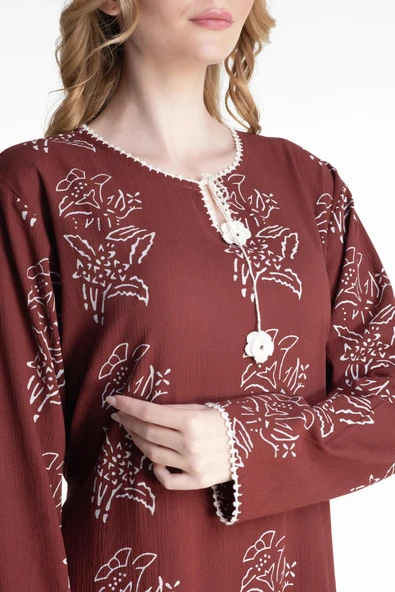 Uzun Kol Şile Bezi Baskılı Uzun Zambak Desen Yazlık Elbise Bordo Brd 2XL Bordo - Resim 3