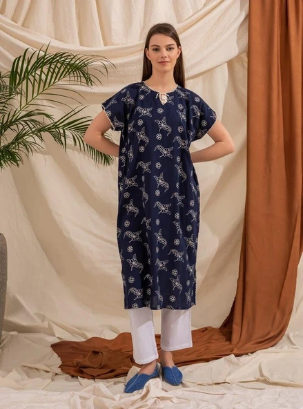 Kısa Kol Şile Bezi Baskılı Midi Boy Yazlık Elbise Serpme Desen Lacivert Lcvt L Lacivert - Resim 10