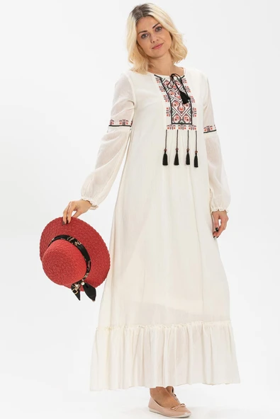 Uzun Kol Şile Bezi Seher Uzun Tesettür Elbise Krem Krm - Resim 4