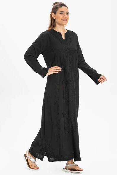 Uzun Kol Şile Bezi Simli Kaftan Midi Boy Yazlık Elbise Siyah Syh L Siyah - Resim 4