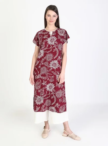 Kısa Kol Şile Bezi Baskılı Uzun Yazlık Elbise Çınar Desen Bordo Brd XL Bordo - Resim 8