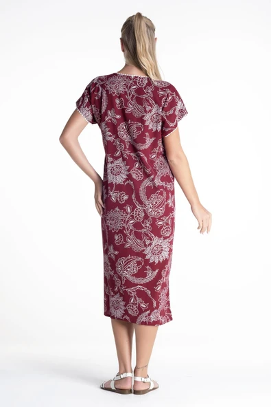 Kısa Kol Şile Bezi Baskılı Uzun Yazlık Elbise Çınar Desen Bordo Brd XL Bordo - Resim 2