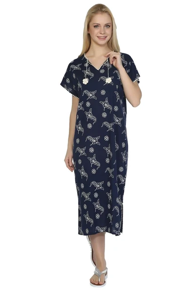 Kısa Kol Şile Bezi Baskılı Midi Boy Yazlık Elbise Serpme Desen Lacivert Lcvt L Lacivert - Resim 6