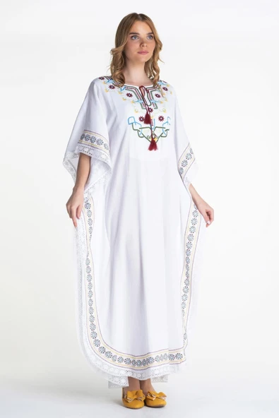 Kısa Kol Şile Bezi Gülseren Uzun Yazlık Otantik Elbise Beyaz Byz L/XL Beyaz - Resim 6