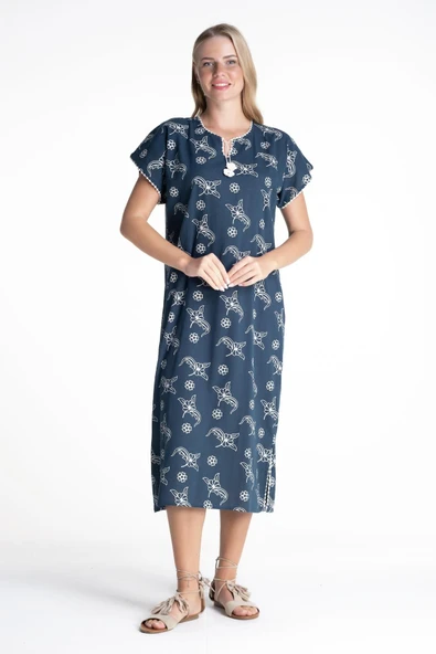 Kısa Kol Şile Bezi Baskılı Midi Boy Yazlık Elbise Serpme Desen Petrol Ptrl ürün görseli