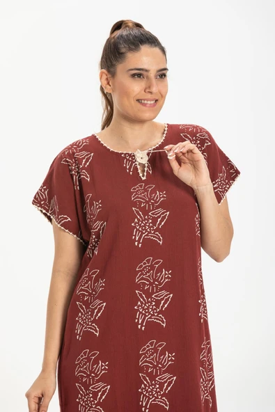 Kısa Kol Şile Bezi Baskılı Zambak Desen Midi Boy Yazlık Elbise Bordo Brd 2XL Bordo - Resim 3