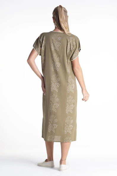 Kısa Kol Şile Bezi Baskılı Zambak Desen Midi Boy Yazlık Elbise Haki Hk - Resim 2