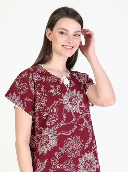 Kısa Kol Şile Bezi Baskılı Uzun Yazlık Elbise Çınar Desen Bordo Brd XL Bordo - Resim 10