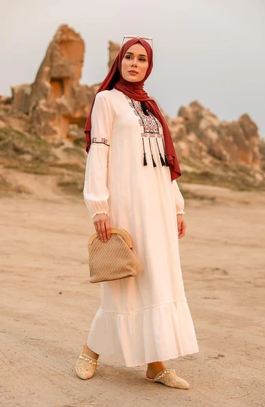 Uzun Kol Şile Bezi Seher Uzun Tesettür Elbise Krem Krm XL Krem - Resim 6