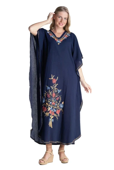 Kısa Kol Şile Bezi Tibet Uzun Yazlık Otantik Elbise Lacivert Lcvt L Lacivert - Resim 8