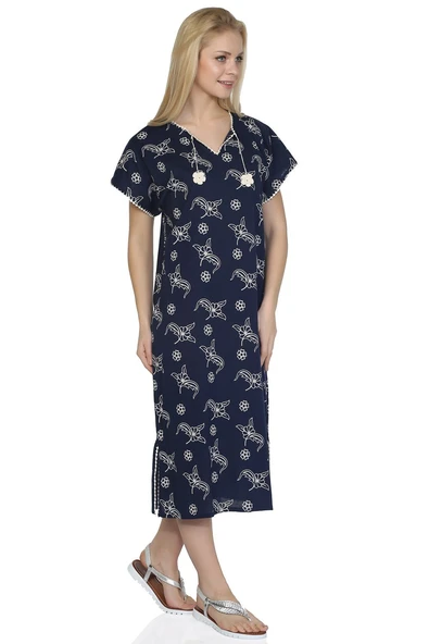 Kısa Kol Şile Bezi Baskılı Midi Boy Yazlık Elbise Serpme Desen Lacivert Lcvt L Lacivert - Resim 3