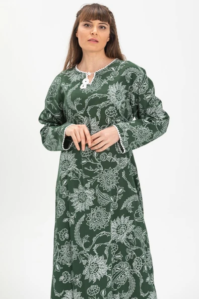 Uzun Kol Şile Bezi Baskılı Uzun Yazlık Elbise Çınar Desen Yeşil Ysl 2XL Yeşil - 4