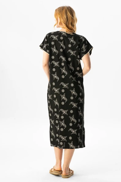 Kısa Kol Şile Bezi Baskılı Midi Boy Yazlık Elbise Serpme Desen Siyah Syh - Resim 2