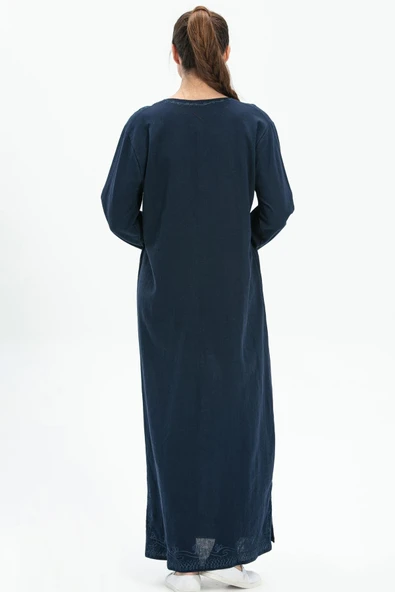 Uzun Kol Şile Bezi Simli Kaftan Midi Boy Yazlık Elbise Lacivert Lcvt 3XL Lacivert - Resim 2