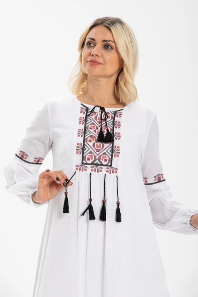 Uzun Kol Şile Bezi Seher Uzun Tesettür Elbise Beyaz Byz 2XL Beyaz - Resim 3