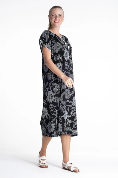 Kısa Kol Şile Bezi Baskılı Uzun Yazlık Elbise Çınar Desen Siyah Syh XL Siyah - Resim 4
