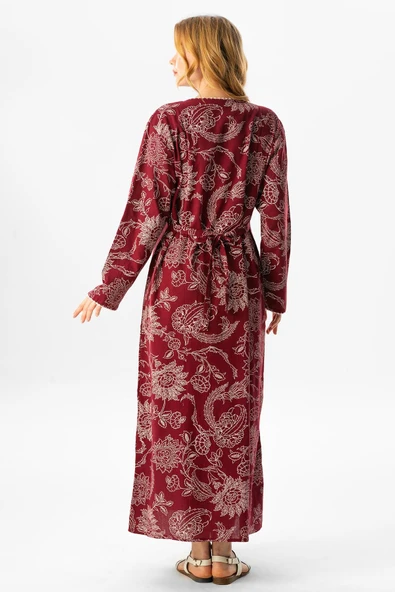 Uzun Kol Şile Bezi Baskılı Uzun Yazlık Elbise Çınar Desen Bordo Brd 2XL Bordo - Resim 2