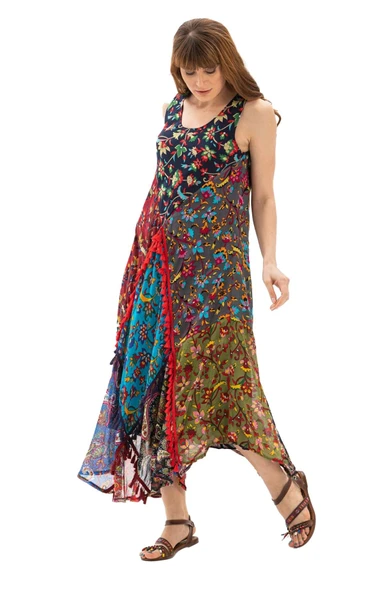 Kolsuz Vual Peçvörk Uzun Yazlık Otantik Elbise Lacivert Lcvt 2XL Lacivert - Resim 6