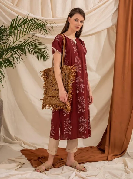 Kısa Kol Şile Bezi Baskılı Zambak Desen Midi Boy Yazlık Elbise Bordo Brd L Bordo - Resim 10